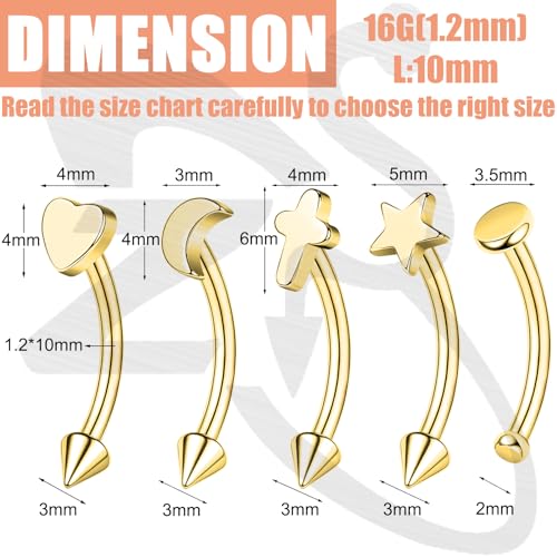 ZS 5Pcs Stainless Steel Eyebrow Rings, 16G Curved Belly Rings Navel Barbell Helix Daith Tragus Earrings Spike Vertical Labret Lip Piercing Jewelry - color: Gold,L:10mm