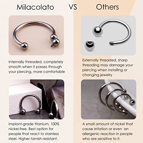 MILACOLATO 2Pcs Implant Grade Titanium Septum Rings for Women Men 16G | G23 Solid Titanium Internally Threaded Horseshoe Circular Barbell Piercing Jewelry for Nose Lip Tragus Eyebrow Helix Daith - color: 2pcs-black&steel-16g/10mm