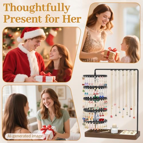 MODOWEY Rotating Earring Holder Organizer Jewelry Stand Adjustable Display | 285 Slots Dangle Tree 14 Hooks Tall Necklace Rack for Women, 5 Tiers Compact Large Capacity Metal Tower with Wooden Ring Tray - color: Black-Brown