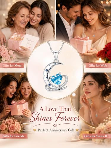 Birthstone Necklace for Women White Gold Moon and Star Pendant Moon Jewelry Anniversary Birthday Gifts for Mom Wife Her - color: 03. March - Aquamarine