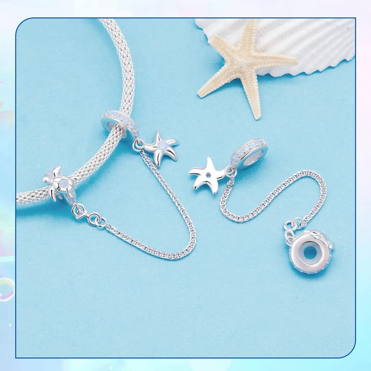 Heart Charm Clip Lock Spacer Stopper Charm Bead Bracelet 925 Sterling Silver Charms Safety Chain for Pandora Bracelets - color: Starfish Turtle