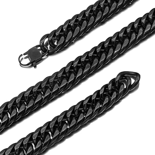 Men Curb Chain Necklace Stainless Steel/sliver/black/gold Chunky Double Tight Cuban Link Hip Hop Neck Chains for Men,width:22MM 18inch-32inch 8 Length Options - color: black, size: 24