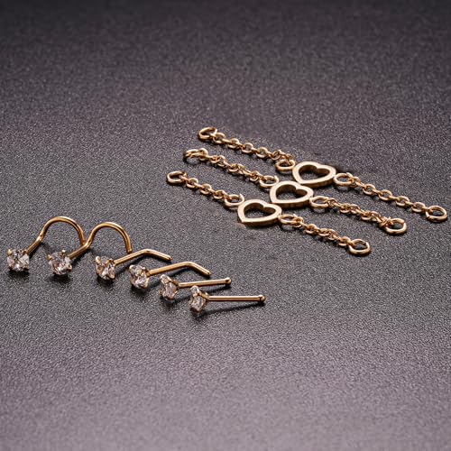 Nose Ring Chain Across Nose Black Stainless Steel Nostril Nose Piercing Chain with Cubic Zirconia Nose Screw Bone L-Shaped Ring for Women Body Piercing Nostril Jewelry with Bridge Chain - color: Gold-Single Heart Nose Chain Studs