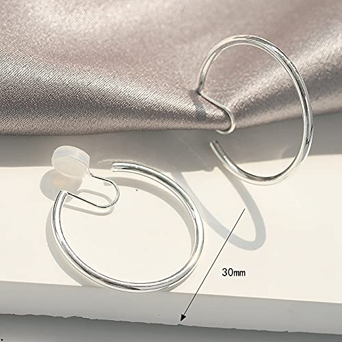Clip On Hoop Earrings for Women Not Pierced Gold Silver Large Chnky Square Twisted Comfortable Coil Hoop Clip On Earrings - color: 30mm Hoop Silver