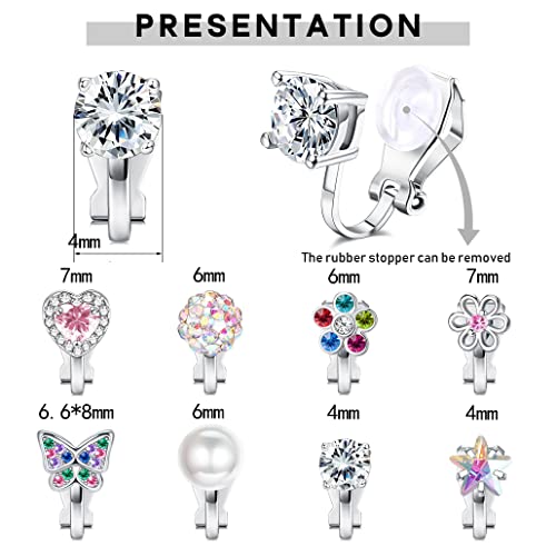 FASACCO 8-10Pairs Clip on Earrings for Women Girls Colorful Crystal Non-Piercied Earrings Cute Flower Heart Butterfly Pearl Clip-on Earrings Over 3 Years Old - style: 8Pairs