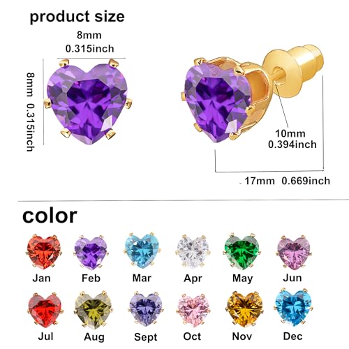 8mm Heart-Cut Birthstone Stud Earrings for Women – 18K Gold Plated Hypoallergenic Cubic Zirconia Earrings, Nickel Free, 12 Months Colors, Everyday Jewelry, Gift for Her, Bridal, Birthday, Christmas - color: 02 Feb Amethyst
