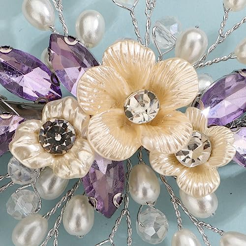 Xerling Light Purple Rhinestones Crystal Flower Hair Barrettes Clip Boho Bridal Pearl Hair Jewelry Accessories for Women Wedding Floral Headpieces (Purple A) - color: Purple A