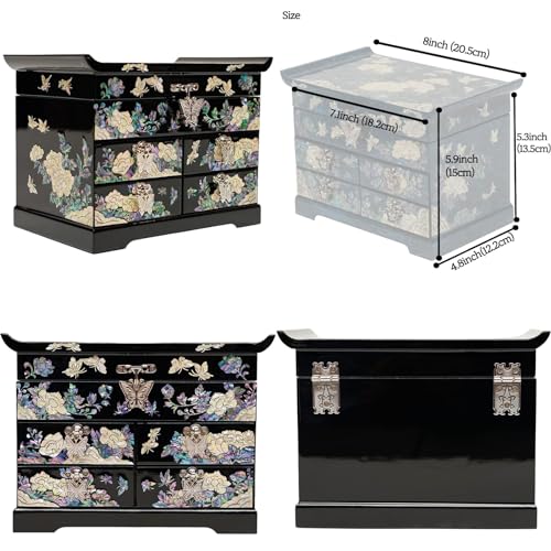 February Mountain Mother of Pearl Jewelry Box with Traditional Mother of Pearl Inlay - Elegant Floral and Butterfly Design for Her - style: Black