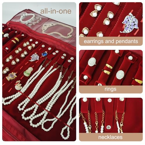 Velvet Travel Jewelry Case Roll Bag Organizer for Necklace Bracelet Earrings Ring (Black) (Burgundy) - color: Burgundy