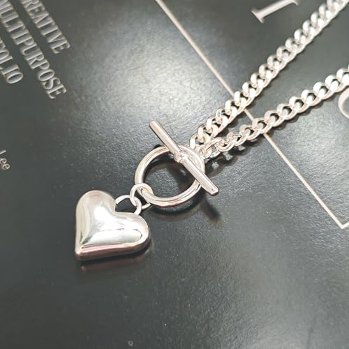 HERIER Cute Heart Necklace Dainty 18k Gold Plated Tiny Heart Pendant Choker Necklaces Small Gold Love Open Heart Chain Necklace for Women Simple Gold Necklace for Women Trendy Jewelry - color: Chunky Puffy Heart Necklace-Silver
