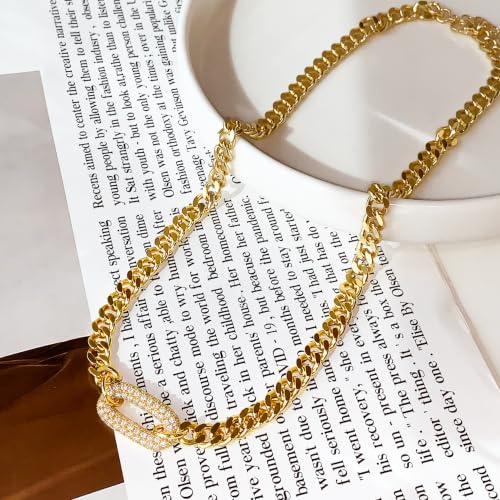 IMBOS 14K Gold Plated Chunky Chain Choker Necklaces for Women Chunky Gold Necklace Tennis Necklace for Women CZ Love Chain Cuban Link Choker Jewelry Gifts - color: Gold-Paperclip Cuban