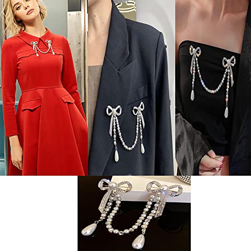 Suits Pearl Double Bow pearl Chain Brooch Pearl-Crystal Anti-exposure bowknot tassel brooch for girls and women