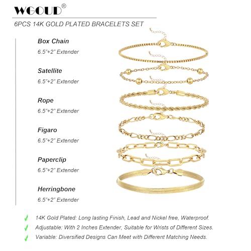 Wgoud Waterproof Gold Bracelets for Women Trendy, Dainty 14K Real Gold Plated Fashion Stackable Bracelet Sets for Women Thin Cuban Link Paperclip Chain Bracelets Layered Gold Jewelry Sets Gifts for Womens - color: 6Pcs Gold Bracelet