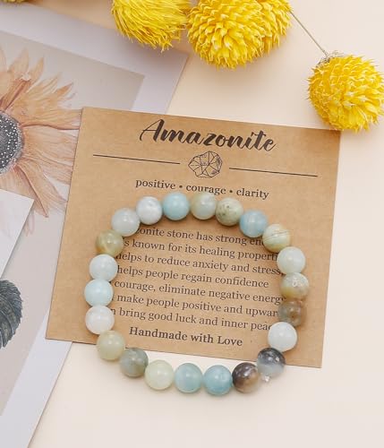 BOMAIL Natural Stone Beaded Bracelet for Women Men | 8mm Round Beads,Healing Crystal,Semi-Precious Gemstone,Yoga,Stretch,Bracelets Jewelry Gift - color: Amazonite