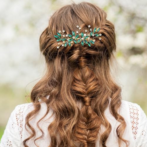 Green Crystal Bride Wedding Hair Side Comb Green Leaf Rhinestone Gold Hair Vine Rhinestone Bride Headpiece Jewelry Wedding Hair Accessories for Women