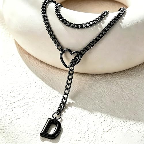 Black Heart Slip Chain Initial Necklaces for Women, Stainless Steel Wrap Choker Necklace, Gothic O-Ring Adjustable Lariat Y Necklaces, Punk Cuban Collar Choker Necklace, Halloween Jewelry Gift