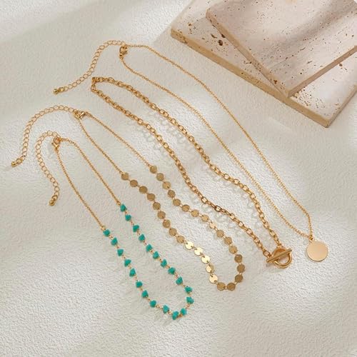 Dainty Layered Choker Necklace Bohemian Turquoise Necklace 14K Gold Plated Dainty Y Pendant Necklace Beach Fashion Pendant Choker - color: Gold-E