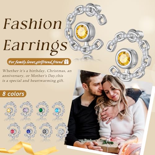 Elegant C-Shaped Crystal Stud Earrings with Birthstone Earring Silver Plated Fashion Jewelry for Women CE0003 - color: Blue-September