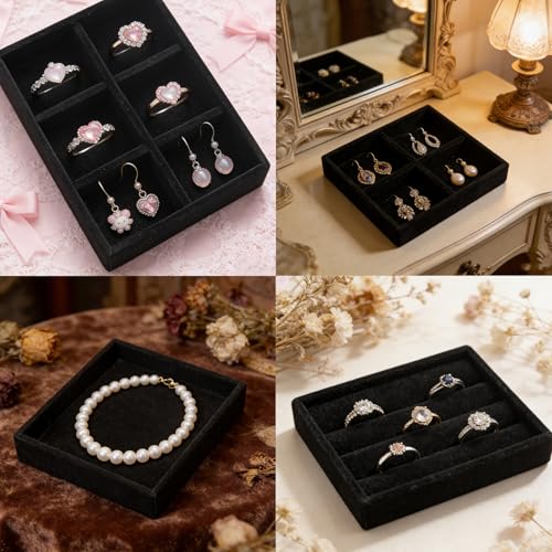 Small Jewelry Tray Set 4 Pcs Black Velvet Stackable Jewelry Organizer Tray Mini Jewelry Drawer Organizer for Necklace Ring Earrings Jewelry (4 Styles) - color: Black