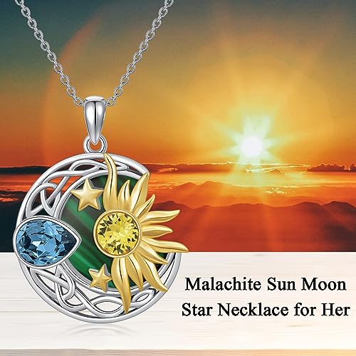AOBOCO 925 Sterling Silver Moon Sun Star Necklace Celtic Jewelry for Women Girls - color: Silver&Gold&Malachite