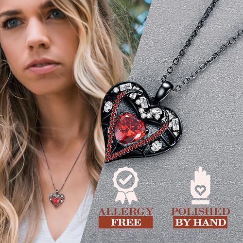 5 Heart I Love You Necklace for Women, Birthstone Crystal Pendant, Birthday Gift for Her, Wife, Mom, Rose Gold or Gunmetal Plated, 925 Sterling Silver Chain 18"+2" - color: 14-Ruby Garnet Red-GunMetal Plated