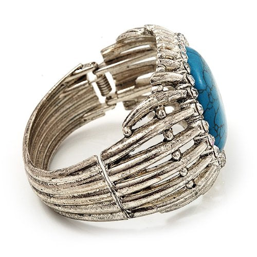 Avalaya Vintage Oval Shape Turquoise Stone, Crystal Hinged Bangle Bracelet
