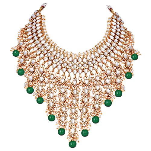 Aheli Elegant Indian Wedding Wear Faux Kundan Studded Choker Necklace with Maang Tikka Set Ethnic Fashion Jewelry for Women Maroon Kundan & Pearl Drop - color: Green