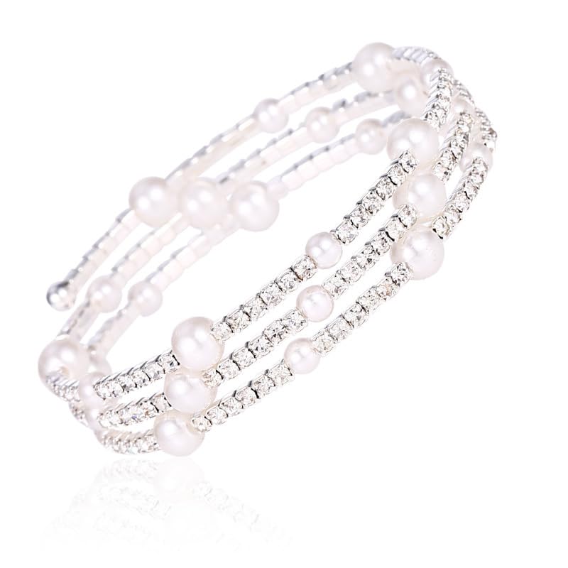 Imitition Pearl Stretch Bracelet Layers Stackable Bangle Bracelet Crystals Pearl Elastic Wristband for Women Wedding Jewelry - color: Sytle 5 Silver