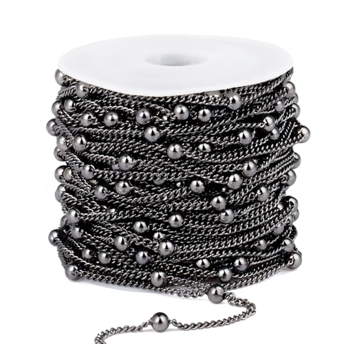 33FT 2mm Gunmetal Black Satellite Bead Chains Roll Bulk for Jewelry Making | 304 Stainless Steel Black Ball Beaded Twisted Curb Link Chains Spool for DIY Craft - color: Black Big Beads Satellite Curb Chain