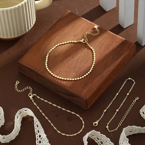 Gold Ankle Bracelets for women,14k Gold/Silver Plated Waterproof Layered lightweight Bow Beaded Twisted Chain Cross Butterfly Satellite Ankle Bracelets Set Gold Anklets for women Trendy Summer Beach Jewelry Gift for Women - style: 3 anklets twisted satell