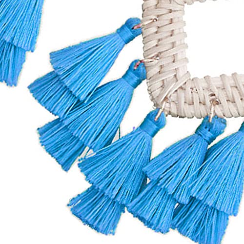 Bohemia Tassel Earrings Statement Handmade Dangle Ethnic Fringe Earrings Bamboo Weaving Geometric Square Sector Gifts for Women - color: G light blue