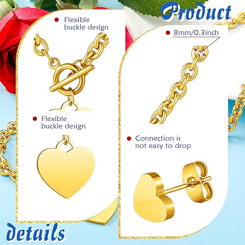 3 Pcs Heart Bow Snow Jewelry Set | Heart Necklace with Bracelet Earring, Snow Jewelry Set for Women, Bow Charms Toggle Gifts - color: Gold, style: Stainless Steel Heart