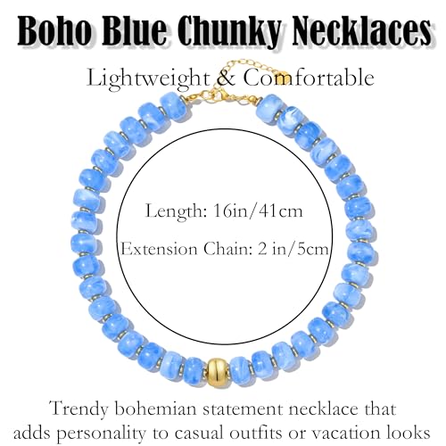 Boho Colorful Chunky Beaded Necklace for Women Trendy Resin Statement Choker Necklaces Summer Beach Style Womens Vacation Fashion Jewelry Gifts Accessories - color: Blue-2