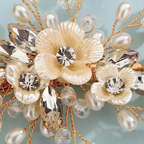 Xerling Gold Rhinestones Crystal Flower Hair Barrettes Clip Boho Bridal Pearl Hair Jewelry Accessories for Women Wedding Floral Headpieces (Gold) - color: Gold