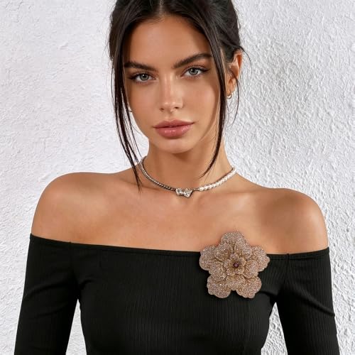 Rhinestone Flower Brooch Pin for Women Men Elegant Sparkly Crystal Camellia Floral Lapel Pins Shawl Dress Suit Clothes Accessories Wedding Party Fashion Jewelry 105mm - color: Champagne Brown