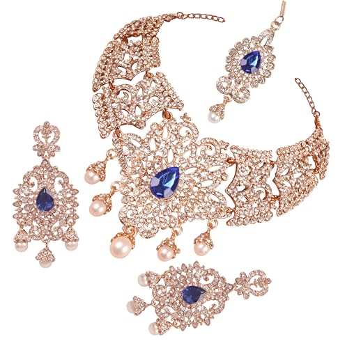 Touchstone Indian jewelry sets for women tikka wedding necklace costume guest statement bollywood rhinestones crystal faux pearls gold big royal neck piece set bridal fashion accessories - color: 1 Blue in Center 2