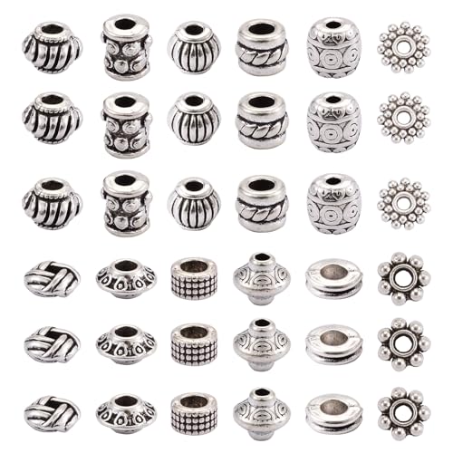 Craftdady 600Pcs Antique Silver Spacer Beads 12 Styles Tibetan Metal Barrel Tube Bicone Flat Round Snowflake Pumpkin Bead Spacers for Jewelry Making Hole: 2-3mm - color: 12 Styles, 600Pcs, Antique Silver