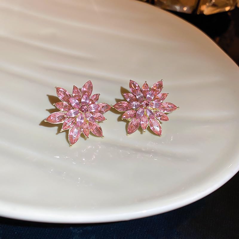 Crystal Flower Burst Stud Earrings Elegant Hypoallergenic Large Big Sparkly CZ Cubic Zirconia Rhinestone Earrings Bridal Wedding Party Prom Costume Jewelry for Women Birthstone Birthday Gift - color: Pink