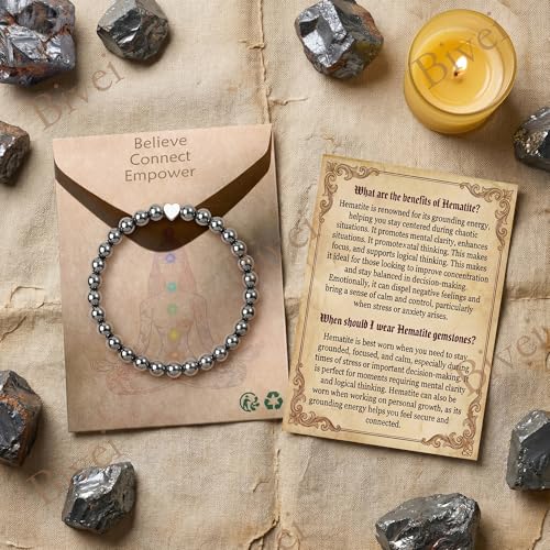 Bivei Crystal Stretch 6mm Bracelets for Women | Handmade Natural Stone Beaded Stretch Bracelet, Stainless Steel Heart Bead, Tranquility Yoga Gift Jewelry for Women - color: Hematite - Grounding