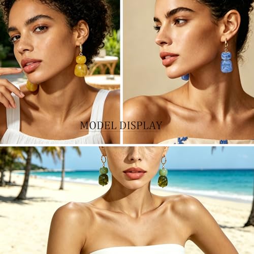 COLOYAN 12 Pairs Multicolor Resin Beaded Drop Earrings for Women | 14K Gold Plated, Hoop Dangle, Lightweight Geometric Square Acrylic, Boho Statement, Women Daily Wear Vacation Gift