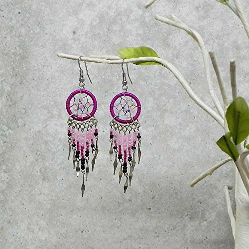 Beaded Dreamcatcher Earrings for Women, Long Boho Fringe Dangle Earrings, Lightweight Colorful Statement Jewelry, Handmade - color: Magenta & Pink
