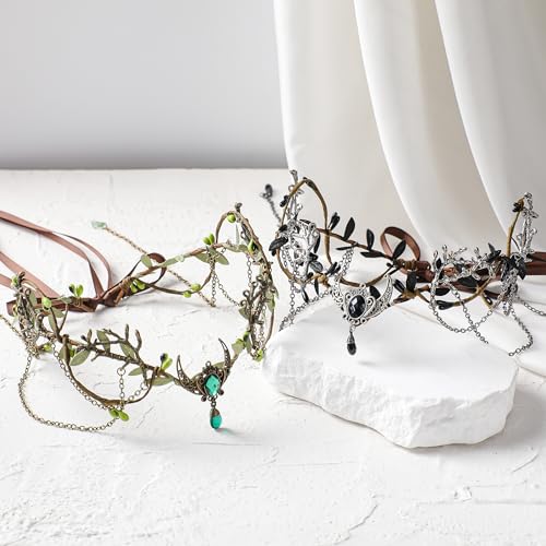 MOSTORY Woodland Elf Crown for Women - Medieval Elf Headpiece with Tassel for Renaissance Renfaire Fae Cosplay Viking Outfit - color: Black-silver