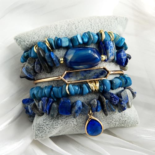 Yomisa 5PCS 6PCS Natural Boho Beaded Bracelets/Bangle for Women Men,Healing Turquoise Jasper Agate Crystal Gemstone Stone Chakra Multilayer Wrap Bohemian Handmade Jewelry Beads Stretch Bracelet Set - color: 5PCS-Sapphire blue