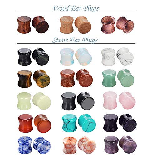 Longbeauty Wood Mixed Stone Plugs 18 Pairs/36 Pcs Double Flared Saddle Gauges Tunnels Expander Piercing Set - style: Gauge= 8mm(0g)