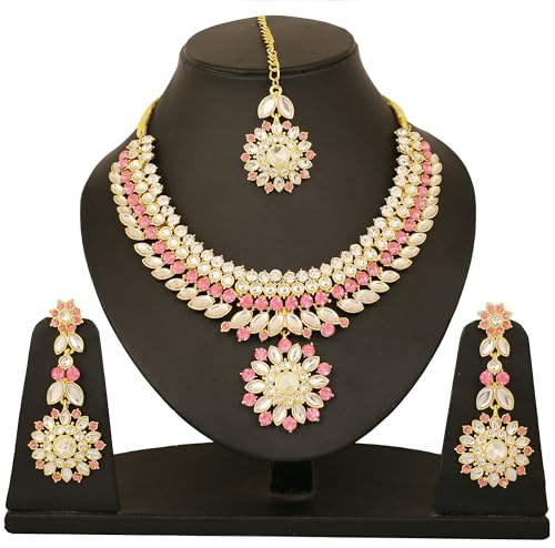 Touchstone Indian Bollywood Traditional Craftsmanship Mughal Designer Jewelry Wedding Necklace Set in Antique Gold Or White Tone for Women. - style: D135 Pink