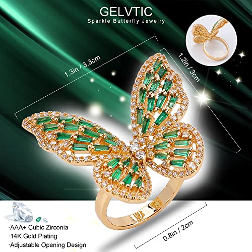Butterfly Rings for Women Adjustable Golden Cocktail Ring Sparkly Stones Statement Silver Bow Open Wrap Bow Jewelry Bridesmaids Wedding Valentine’s Day Gift Lover Mother - color: JZ03-Gold Green