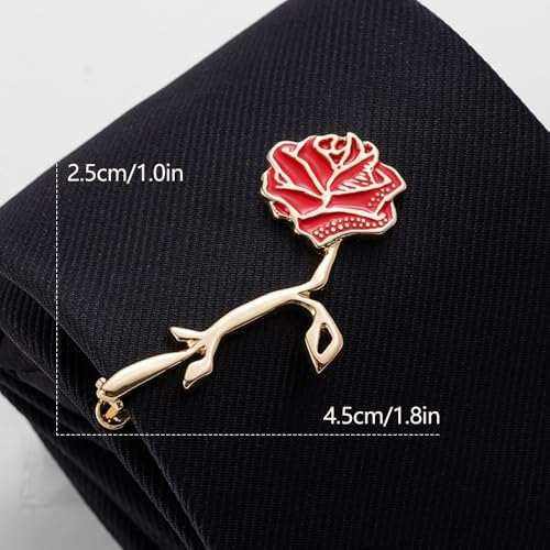 Dainty Rose Flower Tie Clip Tie Bar for Men Gold Tone Fashion Red Enamel Flower Necktie Suit Shirt Tuxeto Formal Wear Brooch Dress Accessories Birthday Wedding Party Jewelry Gift