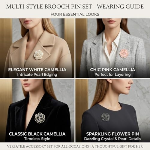 4 Pack Camellia Flower Brooch Pins for Women - Vintage Enamel Pearl Lapel Pin Set, Rhinestone Crystal Dress Suit Badges - Black White Pink Zinc Alloy Jewelry Gift