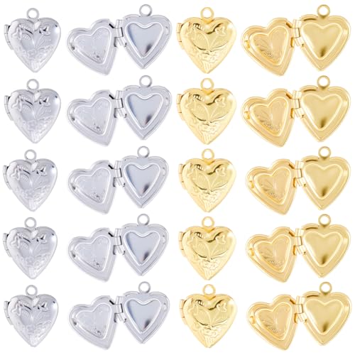 SUNNYCLUE 20Pcs 2 Colors Picture Frame Charms Gold Locket Charm Bulk Brass Metal Openable Love Heart Shaped Memorial Pendants for Jewelry Making Necklace Earrings Keychain Bag Wedding Bouquet Crafts