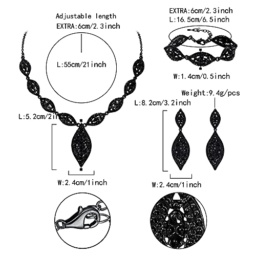 Flyonce Wedding Jewelry Set Rhinestone Crystal Bridal Leaf Necklace Drop Dangle Chandelier Earrings Sets for Women - color: Black Black-Tone